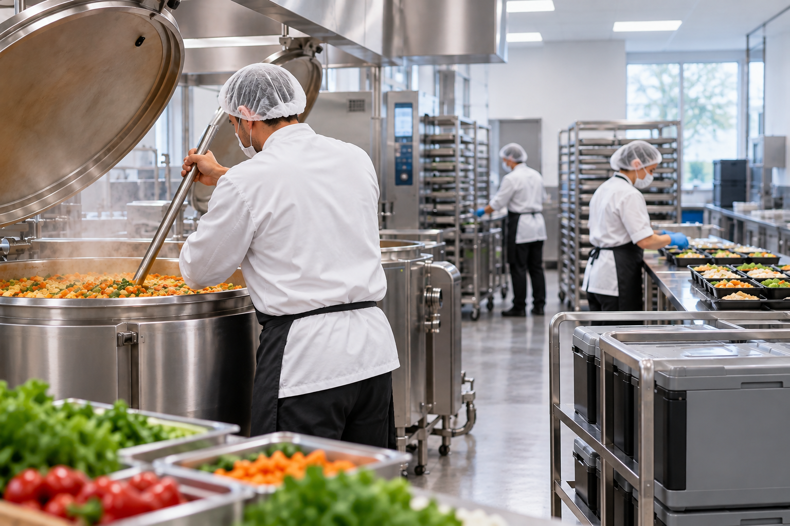 Cocina central automatizada con equipos de producción y preparación de alimentos