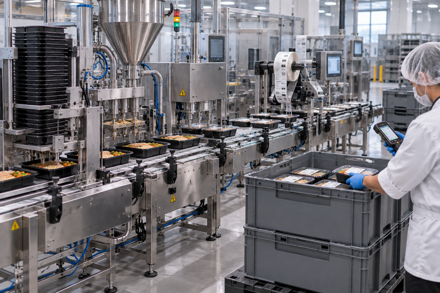 Línea automatizada de producción alimentaria para dosificado, envasado y preparación de pedidos