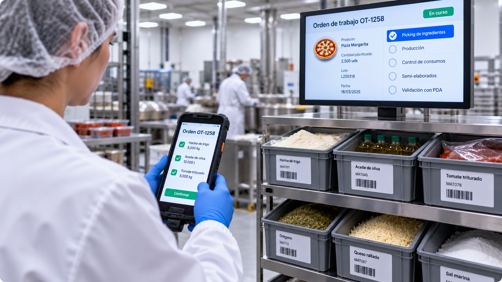 Gestión de producción y órdenes de trabajo en industria alimentaria mediante picking de ingredientes y control con PDA